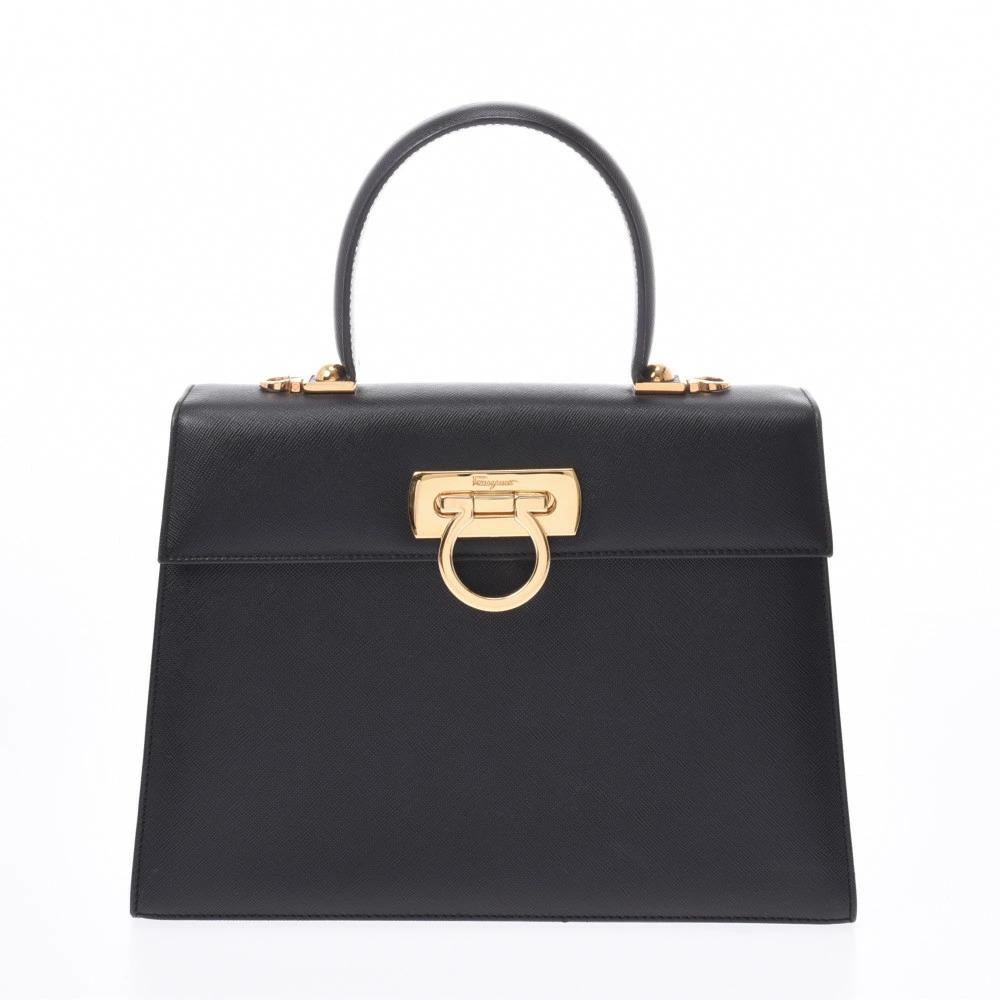 Salvatore Ferragamo Gancini Black Leather Embossed Handbag
